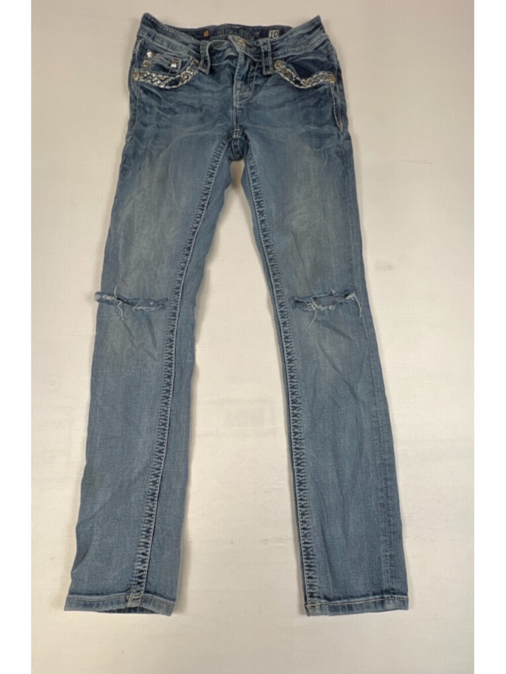 Miss Me Women 10 Blue Skinny Jeans Bling Rhinestone Embellished Distressed Denim